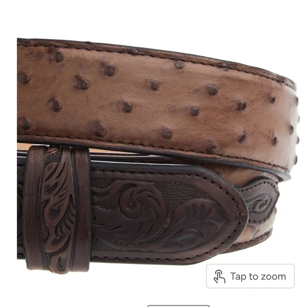 R Watson Belt Mens 40 Brown Kango Tobac Full‎ Quill Ostrich Tooled RWB2312